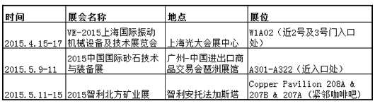 2015年，南昌矿机将陆续参加以下展会活动，欢迎各位新老客户莅临指导！